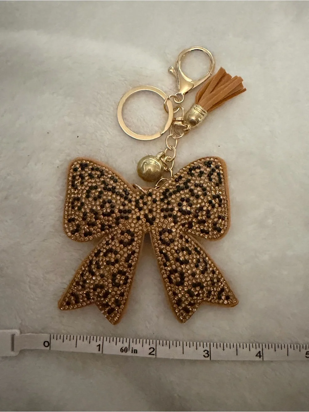 Gold Cheetah Rhinestone Bow Keychain with Tassel